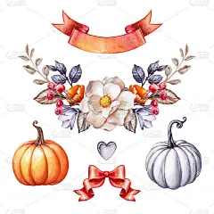 秋天花花环，花束，植物，红丝带横幅，南瓜，蝴蝶结，秋天的花，水彩插图，剪辑艺术孤立在白色的背景