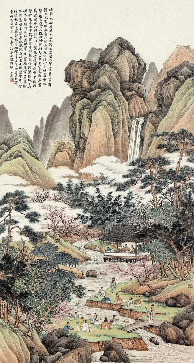【曲水流觞 立轴 设色纸本】拍卖品_图片_价格_鉴赏_绘画_雅昌艺术品拍卖网-花瓣网
