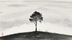 风格为点彩水墨画，泼墨，晕染，一棵孤零零的小树苗在画面正中，小山坡，纯色背景，大量留白，中式审美，超高清，吴冠中风格，比例 「16:9」