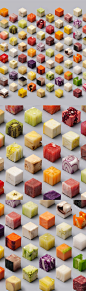How These 98 Identical Food Cubes Were Made  We called up the artists, Lernert & Sander, to get the inside scoop on why and how they took 98 foods and cut them into 2.5 by 2.5 by 2.5 centimeter cubes and arranged them in a perfectly symmetrical patter