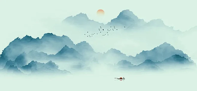蓝色意境山水画背景图片下载