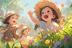 花园夏令营春游假期孩童郊游插画图片