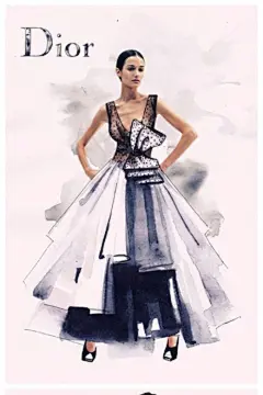 时尚不一定需要实在的影像，许多时尚插画也令人印象深刻，可能比照片更能给人美的感触。像这辑Ink Fabric以水彩手绘各大品牌的服饰与模特真人的巧妙结合，华衣美服都被这生花妙笔的画功展现得更出众