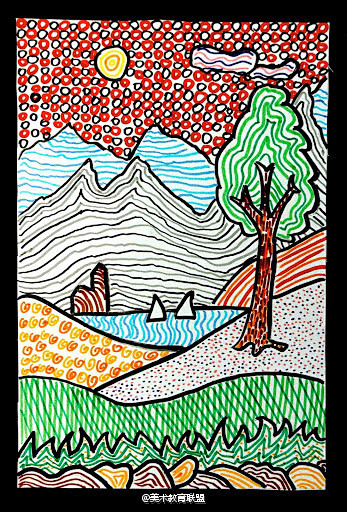 线条构成的有纹理的风景画儿童美术教学67676767