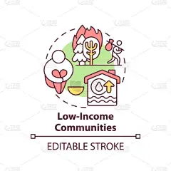 低收入社区概念图标。气候公正理念的细线说明.心理健康成果不佳。环境可再生性。矢量隔离轮廓RGB彩绘.