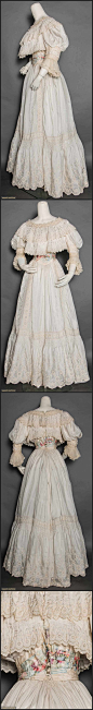 2 piece, trimmed w/ embroidered silk bands & pleated chiffon, silk waist ribbon, label "Mme. Robin 62 rue de la cheussee d'antin, Paris", B 34", W 23", (few small chiffon holes, bodice lining shattered & missing in skirt) excel