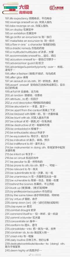 【最后冲刺！500个四六级高频词组，助你一次通过！】明天，英语四六级考试就要开考了，准备得怎么样？送你一份四六级高频词组大全，四级高频词组200个，六级高频词组300个，考前查漏补缺必备。赶紧挑出不会的反复记忆，提升分数妥妥的！转给备考的小伙伴，戳图学习↓↓明天四六级，一！次！过！ ​​​​