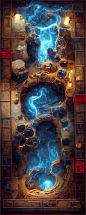 龙与地下城的战斗地图，一个被毁的魔法巫师的金库。大理石地板上闪烁着金色、红色和蓝色的符文，白色和蓝色的墙壁，体积照明，幻想艺术，自上而下的视图。
