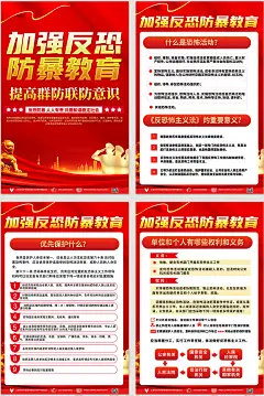 红色喜庆反恐防暴知识宣传四件套海报