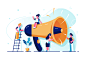 Business advertising promotion concept horn online alert advertisement attention announcement speaker refer marketing megaphone loudspeaker people team office business people flat character vector design illustration