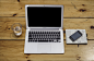 工作，办公-Aerial view of laptop, water glass, notebook and mobile phone on wood ...