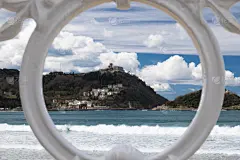 边框,山,风景,铁,篱笆,圆形,岛,西班牙,白色,洋葱花