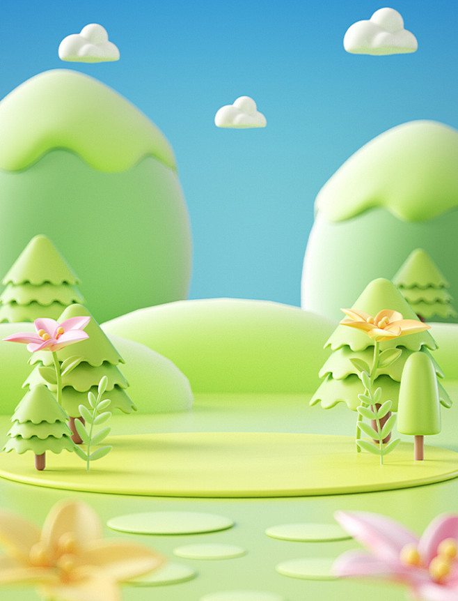 3D立体春天春季植物c4d立体场景背景