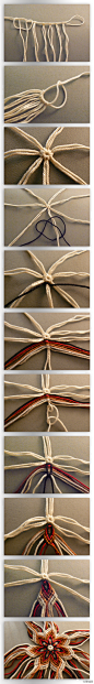 #Macrame Pouch Tutorial# by nimuae。我第一次见如此详细的手编袋教程，超佩服大力赞！做这个需要用到98根约150CM长的双绳……表害怕，刚开始只用7根绳子XD，颜色的搭配也需要提前考虑，当然只用两三个颜色也行撒。不由越看越燃，哪门手艺玩到最后都能十分高端，请为这份耐心奉上一个月的膝盖哈哈哈