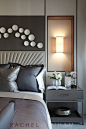 Luxurious bedroom design by Rachel Winham Interior Design, featuring a starburst headboard, inset wall lighting and porcelain wall sculptures. http://www.rachelwinham.com