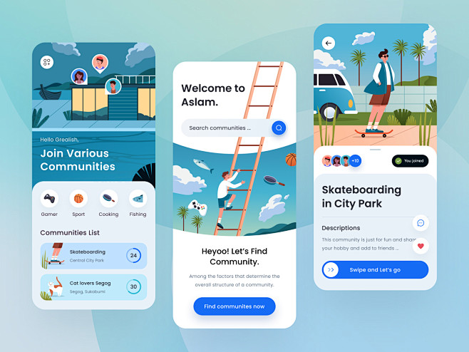 Community Mobile App with Custom Illustrations