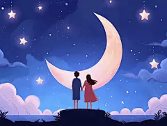 情侣牵手在夜晚欣赏星空唯美浪漫情人节爱情双人手绘插画温馨氛围感场景海报人物插画七夕