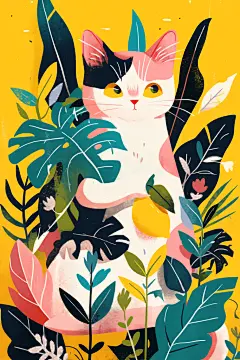 卡通猫咪贴纸动植物插画素材