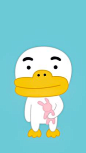 a cartoon character with a yellow beak and pink nose, standing in front of a blue background