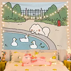 卡通手绘插画ins风背景布可爱治愈动物房间床头宿舍装饰直播挂布-淘宝网