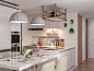 【餐厨】：用餐区与厨房串联。厨房的悬空置物架造型别致，将每一寸空间物尽其用。

