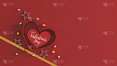 情人节快乐。心形礼盒上的红色背景。空间的文本。平的。前视图。三维演示