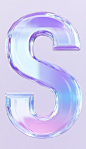 The alphabet "S" is made of glass, with an iridescent gradient color scheme and a light purple background. The transparent crystal font has sharp edges on the surface, with high contrast between highlights and shadows. It features a white center