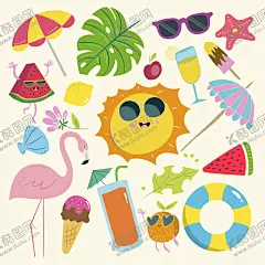 夏季元素 【酷图网】夏天,夏天元素,热带,树叶,椰子,椰树,夏季,沙滩,游泳圈,冰淇淋,雪糕,度假,望远镜,旅行,相机