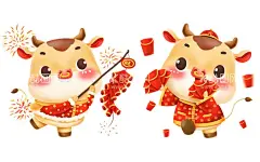 新年牛插画  - 源文件下载【酷图网】卡通插画,动物插画,精美插画,装饰,包装设计,设计元素,板报,海报,图片素材,绘画,画画,手绘,卡通,插画,动漫,新年,喜庆,中国风,牛,鞭炮,新年福袋卡通,卡通牛插画,新年福