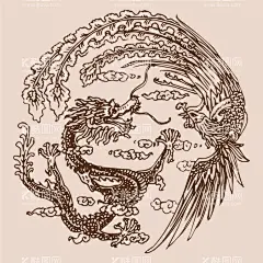手绘龙凤呈祥  - 源文件下载【酷图网】手绘版画,手绘插画,复古版画,中国龙,新年,龙,龙头,十二生肖,瑞兽,神兽,吉祥,祥云,龙腾四海,飞龙,龙年,2024,2012,2036,龙凤呈祥,凤凰,凤求凰