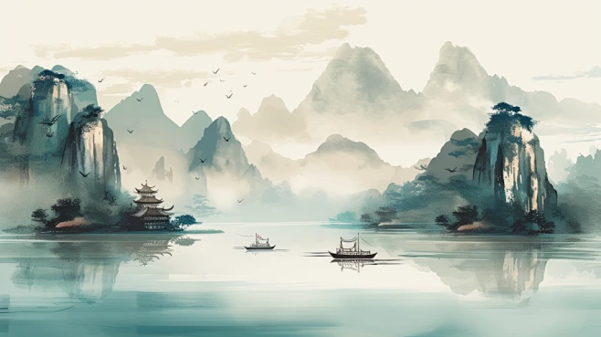 中式意境横版中国风水墨山水插画-花瓣网