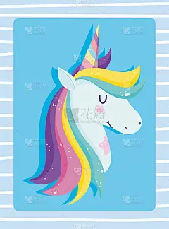 独角兽有彩虹鬃毛和梦幻的蓝色卡通背景