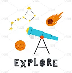 可爱的手绘宇宙望远镜，太空恒星和彗星。字母“探索”。鼓舞人心的海报，t恤设计。