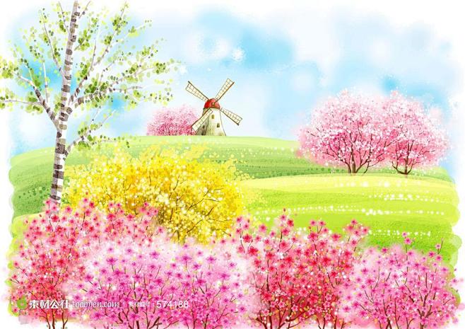春天浪漫粉红色樱花风车插画