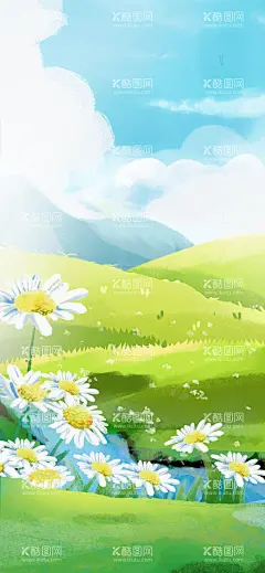 夏季背景  - 源文件下载【酷图网】夏天,夏天背景,风景,夏季,美景,景色,美丽景色,自然,大自然,插画,手绘插画,卡通插画,插画背景,手绘背景,草地,草坪,河流,天空,蓝天,文艺,文艺气息,文艺感