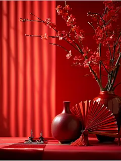 桌子上放着一把红色的折扇，旁边放着几颗红梅，背景比较模糊，好像在举行婚礼。中国的新年海报创造了一个独特的场景。春节气氛，喜庆，特写，高端，静物拍摄--ar 34-v 6 (18)