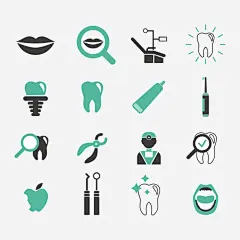 绿色口腔护理图标矢量图矢量图标_88ICON https://88icon.com 牙齿模型 嘴唇 放大镜 钳子 口腔科 护理 洗牙 医疗名片