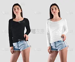 一件白色的模板，黑色的运动衫上有一个黑发女孩，手放在腰间，长袖套头衫，孤立在背景上。