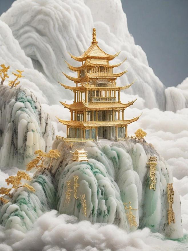 玉石假山雕刻中国风黄金阁楼宝殿奇域ai关...
