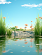 a desert landscape with grass and flora, in the style of romantic riverscapes, minimalist backgrounds, 32k uhd, mysterious jungle, sparkling water reflections, back button focus, sky-blue and green