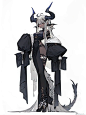 a drawing of a woman dressed in black and white, concept art, pixiv contest winner, he has goat man legs, arknights, a majestic gothic indian dragon, cute fumo chibi plush imp, aesthetic!!!!!! female genie, this is a monster, an anthropomorphic deer, dark