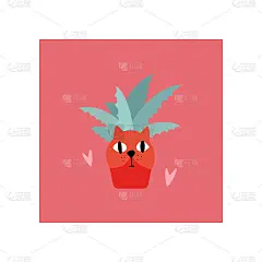 红色猫形状的花盆周围的心与芦荟在斯堪的纳维亚风格。独特的手绘幼儿园海报。现代向量插图。