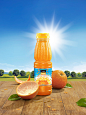 Minute Maid : Project for Minute Maid (Europe). The bottle, oranges, leaves, pulp, liquid and wood planks were shot as a single composition in the studio. The label, landscape and flare were composited in post from stock images. 
