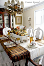 Thanksgiving tablescape: tartan plaid throw used as a tablecloth, vintage china, mini pumpkins, antlers: 