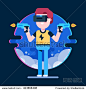 VR gaming. Man playing in shooter game using virtual reality headset. Vector flat illustration.