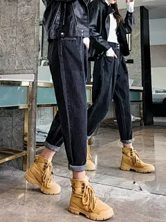 老爹宽松萝卜九分牛仔裤女2018春秋新款韩版显瘦加绒初恋哈伦裤子