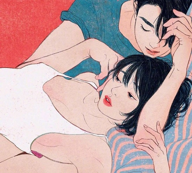 黏在一起的恩爱情侣韩国插画图片