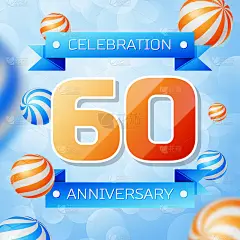 现实的60周年庆典设计横幅。金色数字和蓝丝带，蓝色背景上的气球。彩色矢量模板元素为您的生日派对