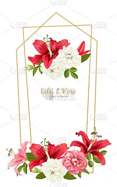 玫瑰和百合的婚礼请柬。向量的名片。