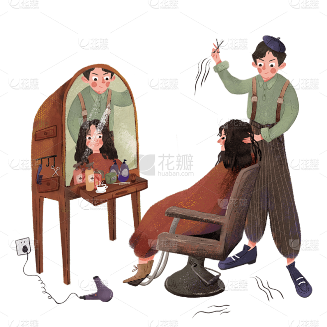 手绘-理发人物场景人物插画贴纸3